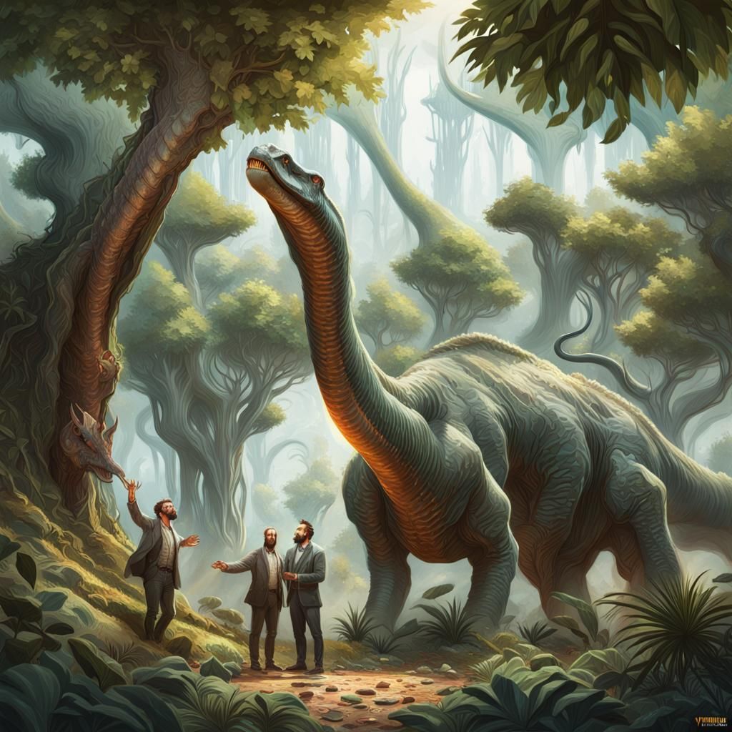 Brachiosaurus Portrait with Men, Hyperrealistic Concept Art
