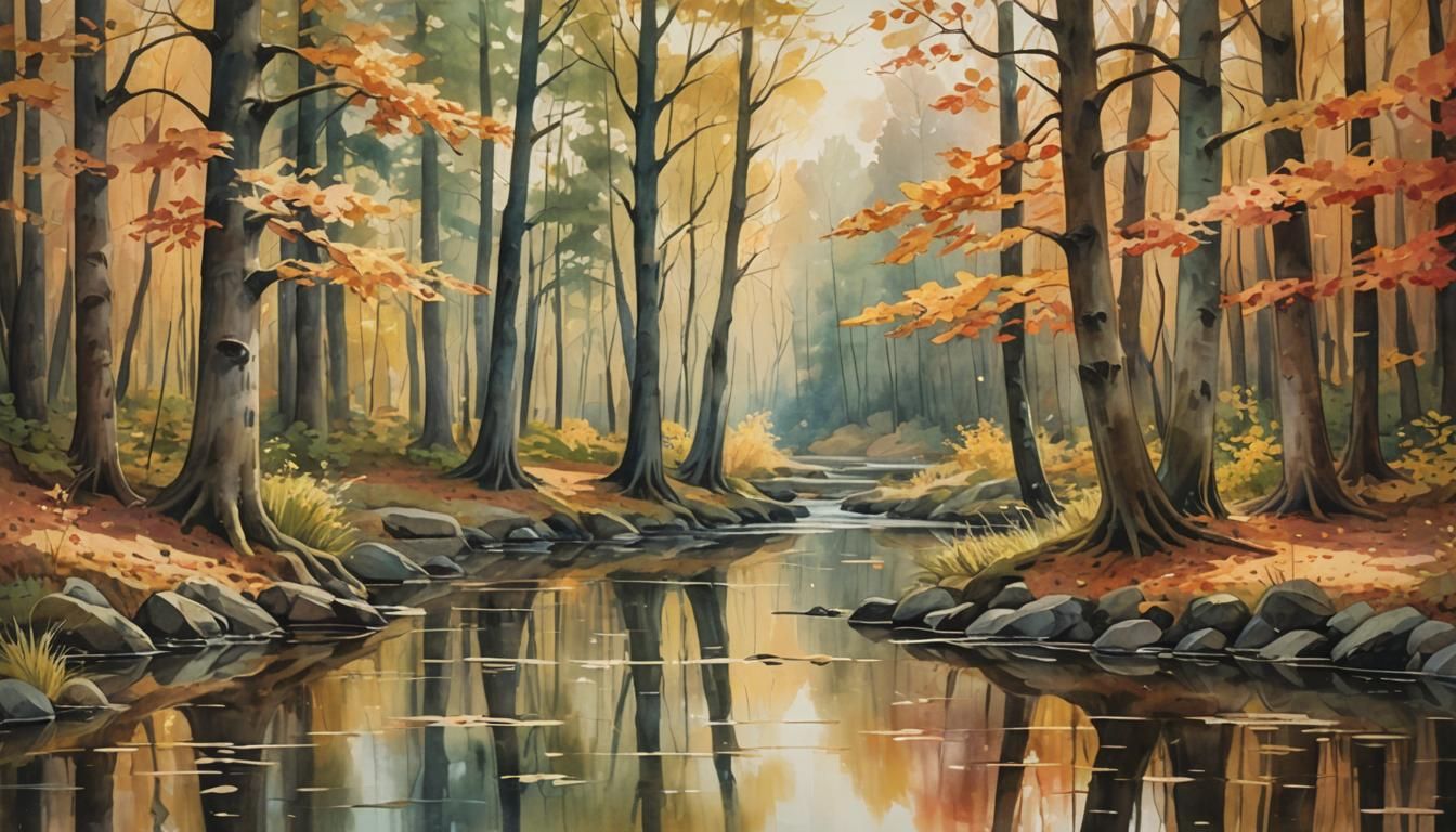Autumn Forest Pond in Romantic Cubist Style