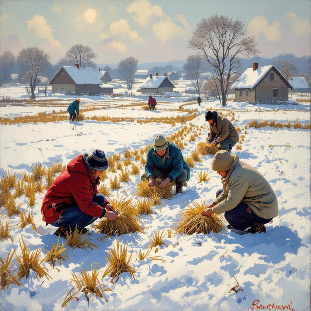 Farmers Sow Paddy in Snowy Fields, Monet & Wyeth Inspired