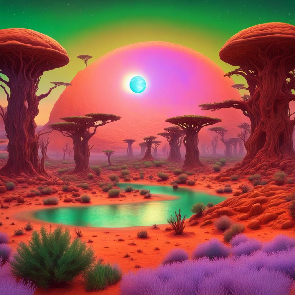 Oasis on Alien Desert Planet: Astral Illustration