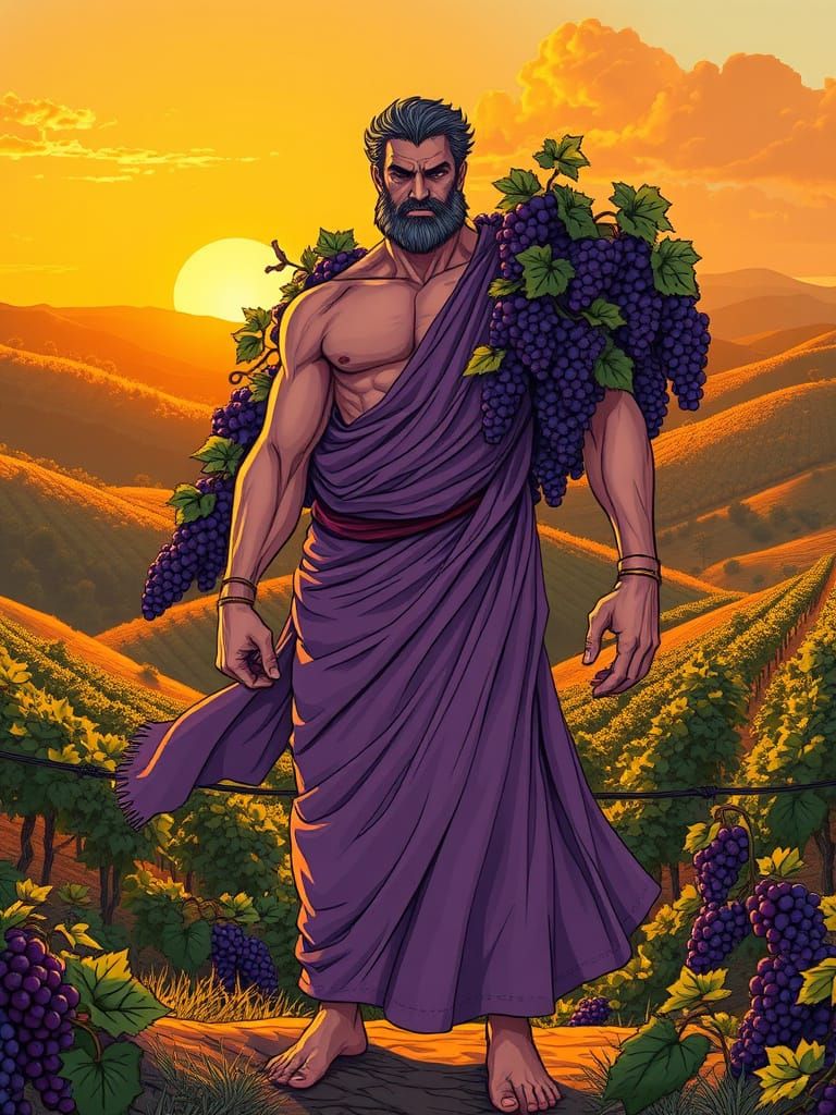 God of Wine in Ancient Greek Landscape, Cel-Shaded Art
