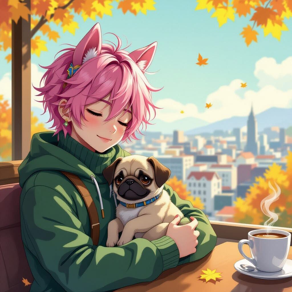 Anime Boy Sleeping with Pug in Autumn Cafe