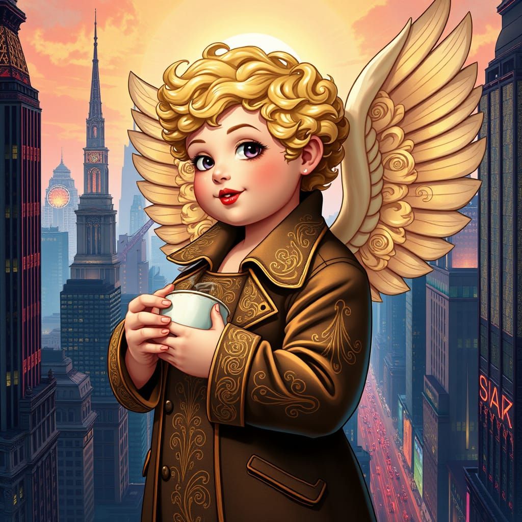 Cyberpunk Angel Sips Coffee in Vibrant Cityscape