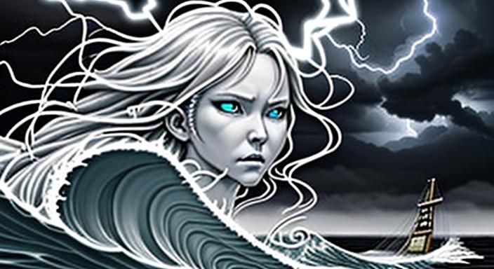 a whispy ghostly beautiful ethereal angry goddess face in clouds and lightning in the sky casting a lightning storm on a...