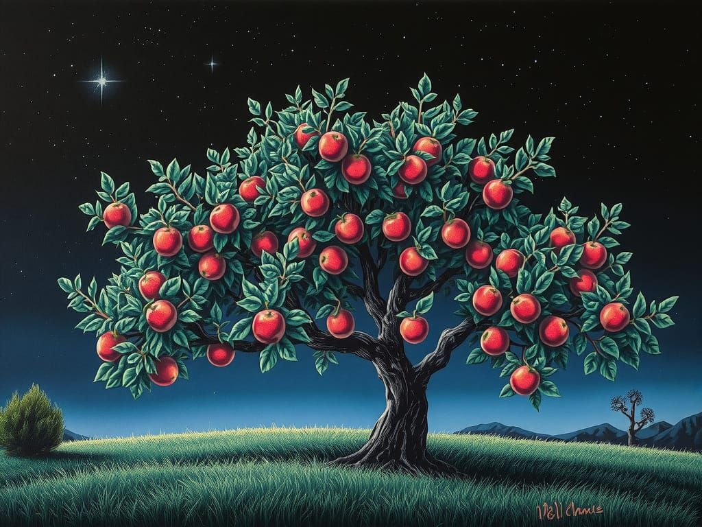 Apple Tree at Night with Neon Accents