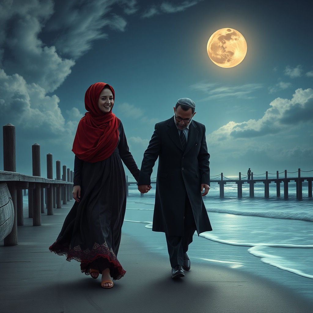 Moonlit Beach Stroll: Hasidic Couple in Mystical Setting