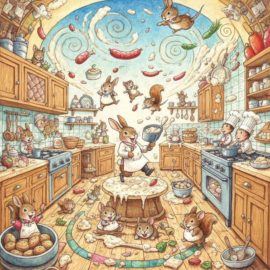 Whimsical Candyland Kitchen with Animals in Gouache Style