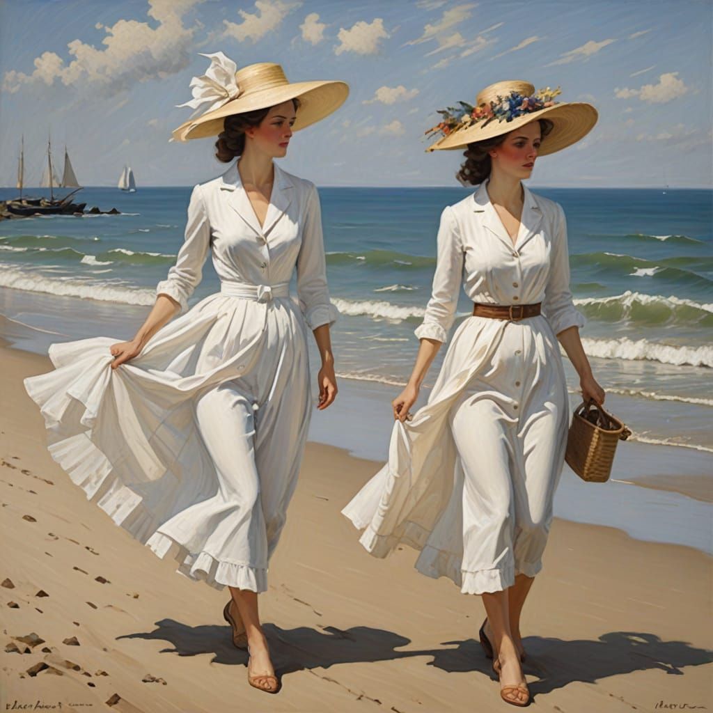 Impressionist Oil Painting of Elegant Women Strolling by the...