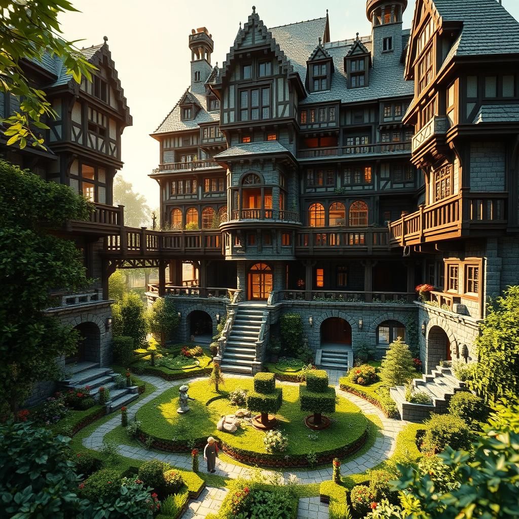 Detailed Medieval Minecraft House with Central Garden
