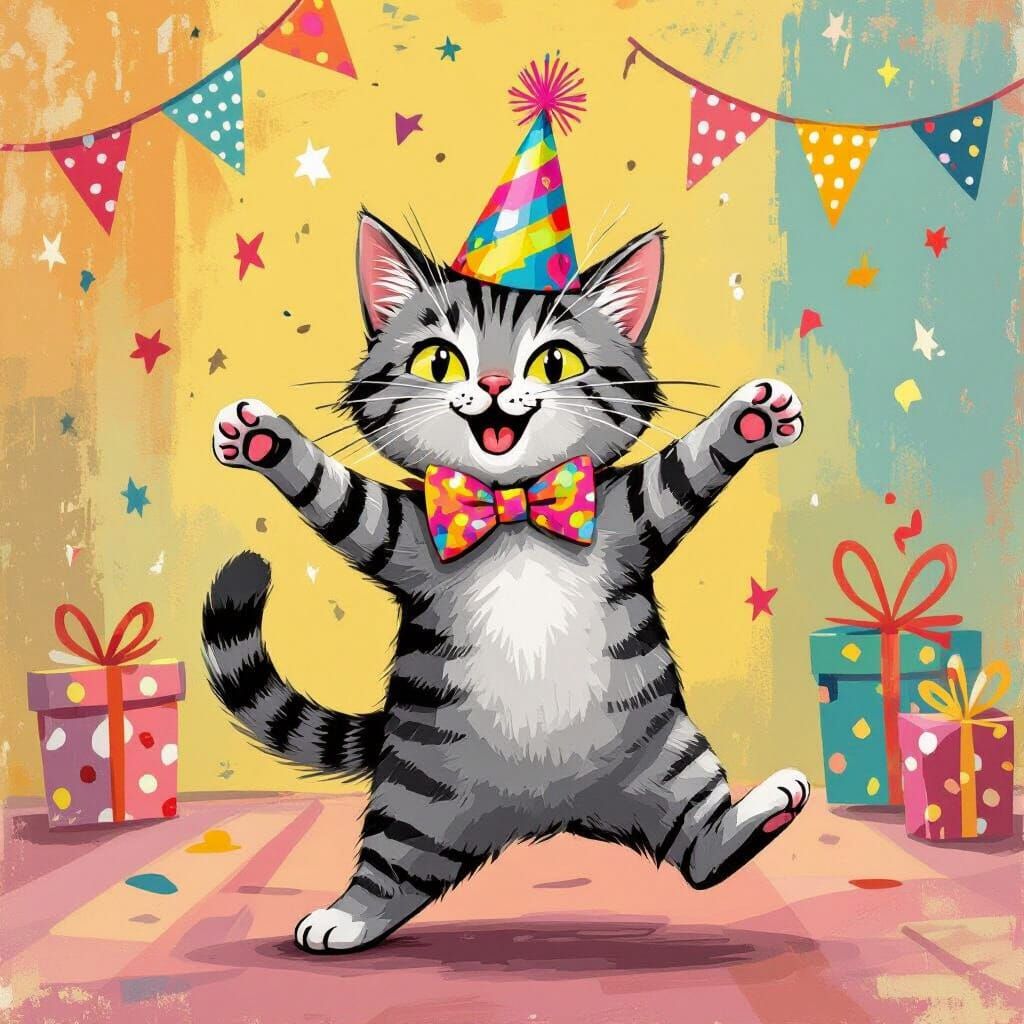 Dancing Tabby Cat in Party Hat, Whimsical Illustration