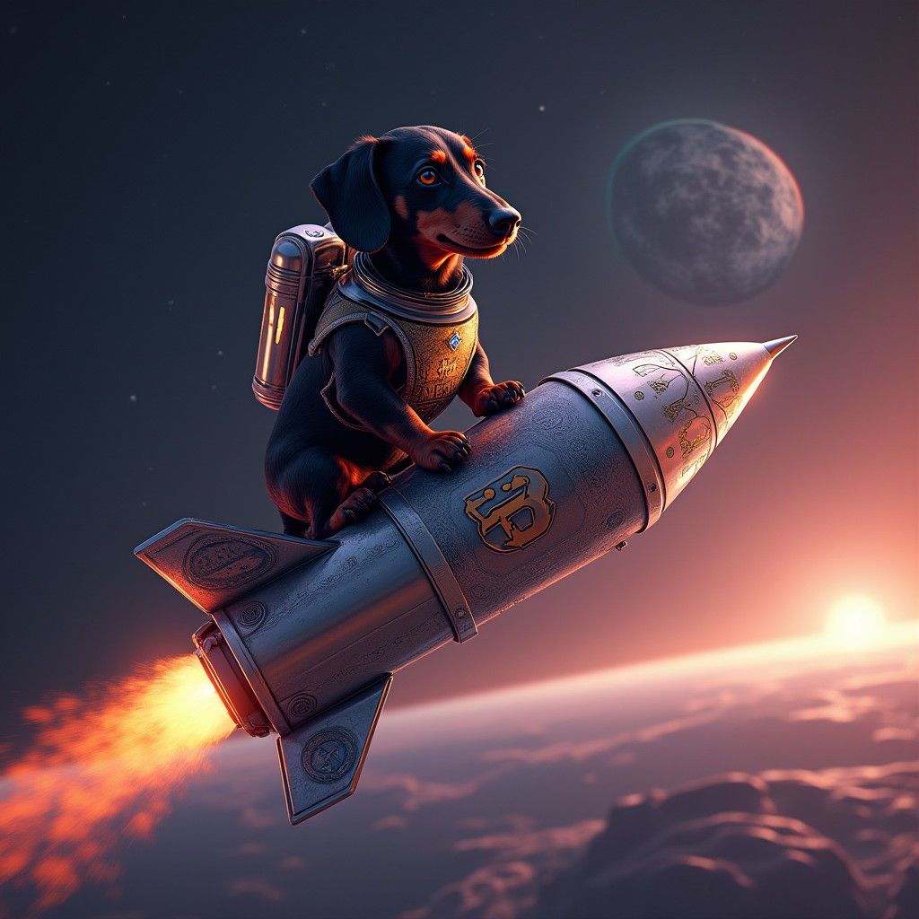 Dachshund in Spacesuit Soaring on Bitcoin Rocket