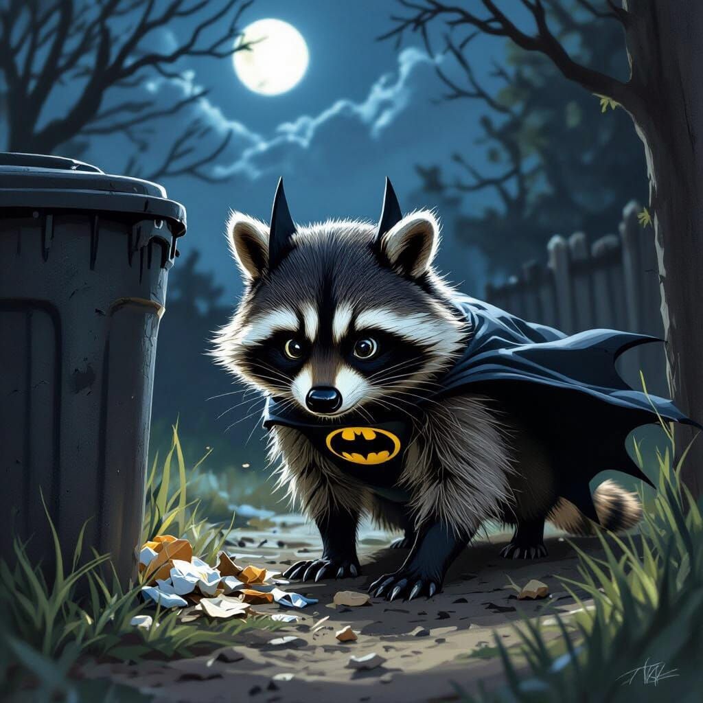 Chubby Raccoon Batman Sneaks Food in Backyard