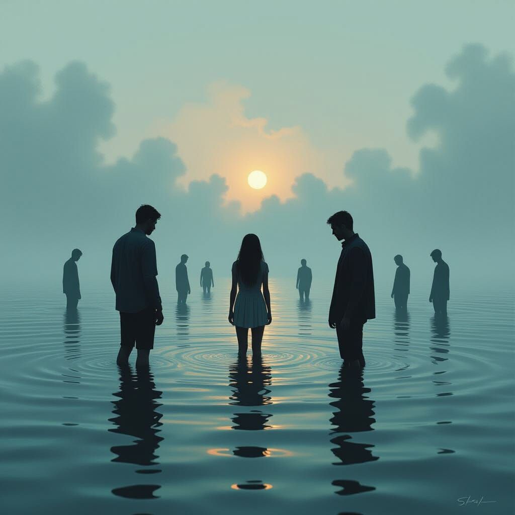 Eerie Reflections Grasping People in Surreal Scene