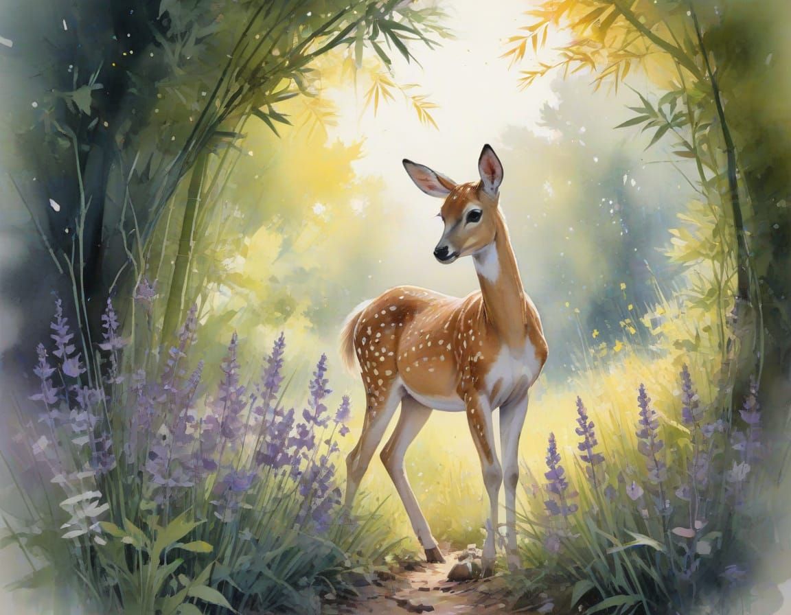 Doe Beneath Twilight Wildflower Arches in Watercolor