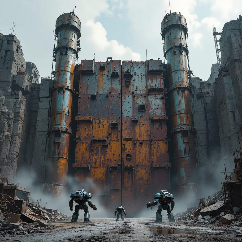 Robots Assault Fortress Gate in Dystopian Landscape
