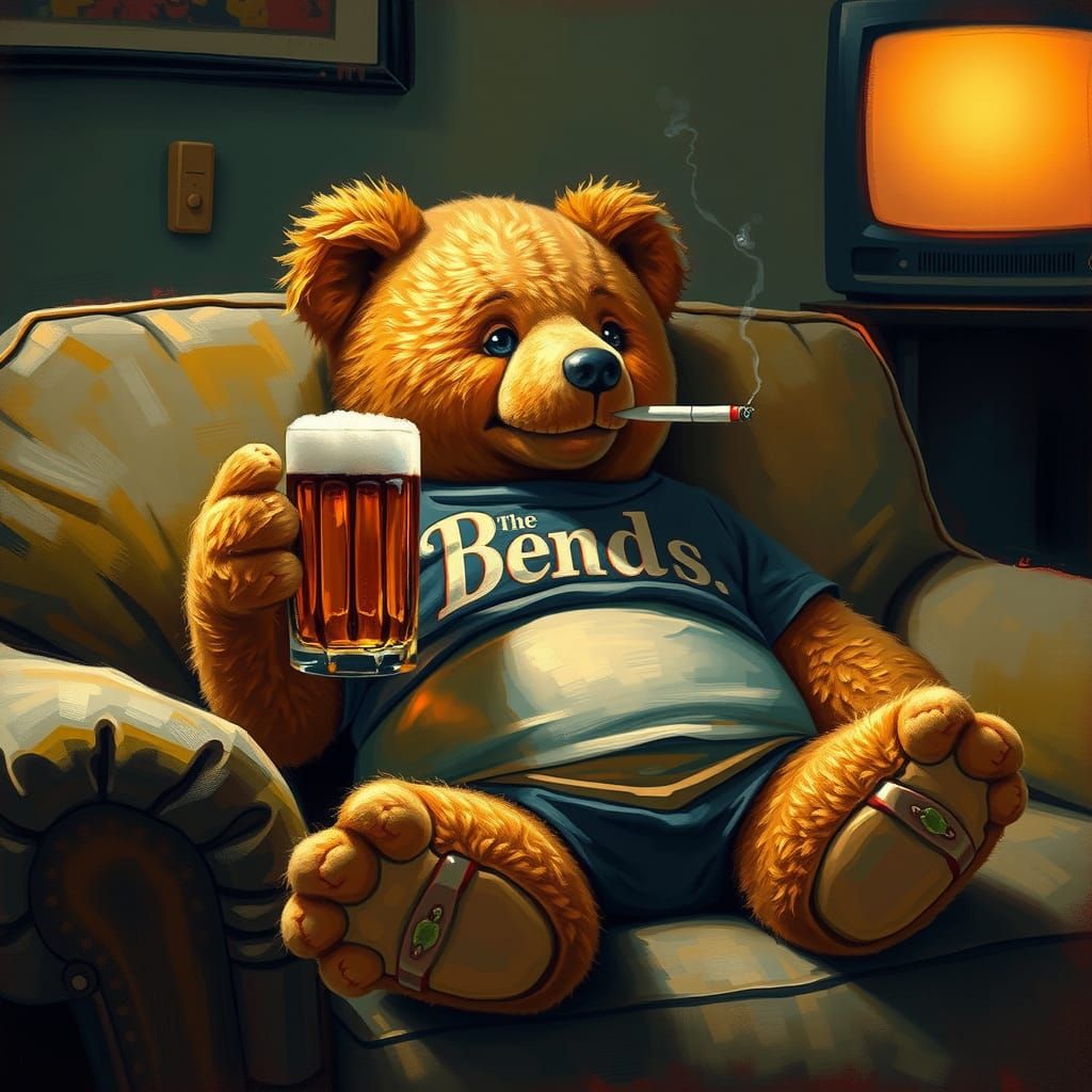 Teddy Bear Enjoying Beer, Impressionist Oil Painting
