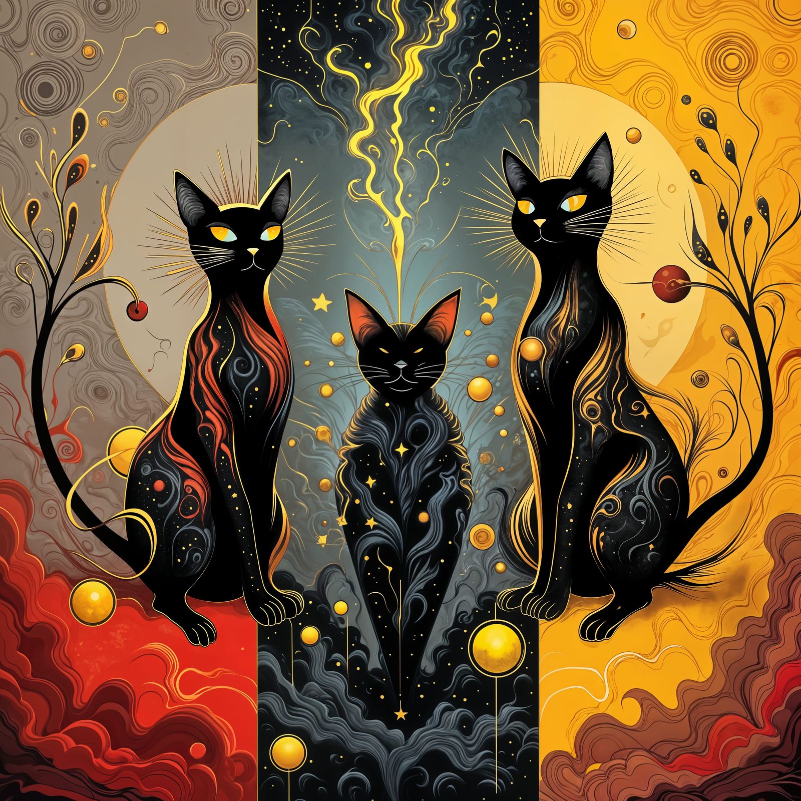 Cosmic Cats with Lightning in Abstract Panels