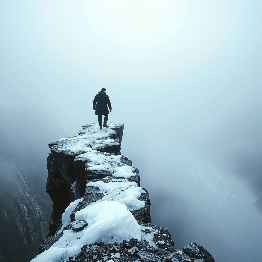 Man on Ice Path Above Chasm in Photorealistic Style