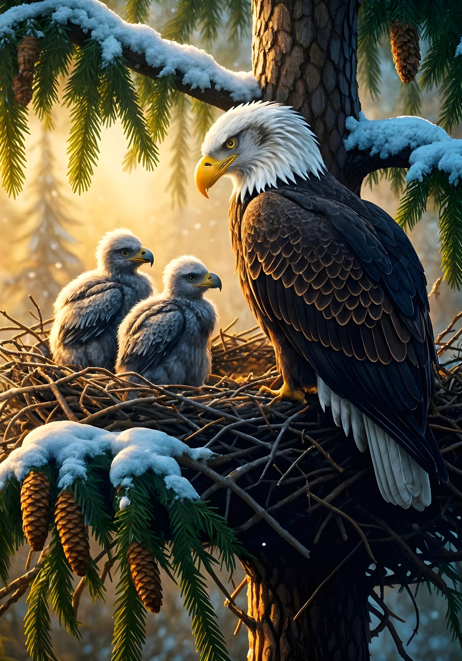 Majestic Snowy Forest Scene with Adorable Bald Eaglets and M...