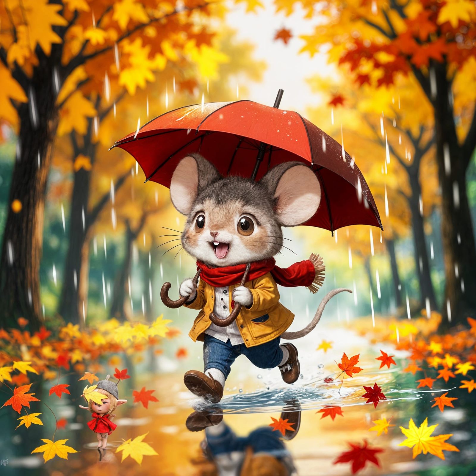 Chibi Mouse Braving Autumn Storm with Umbrella