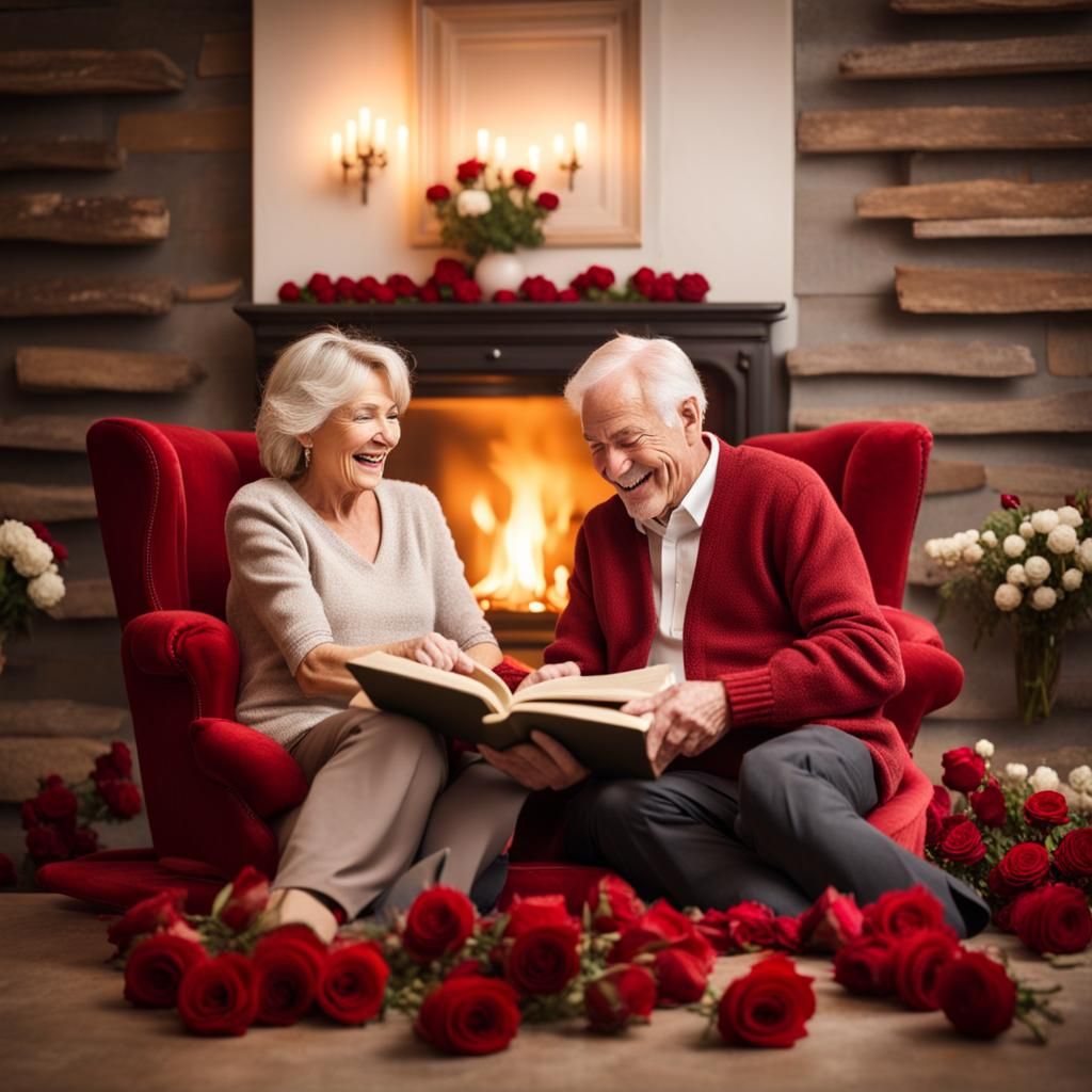 Couple Laughing in Roses Ring by Fireplace