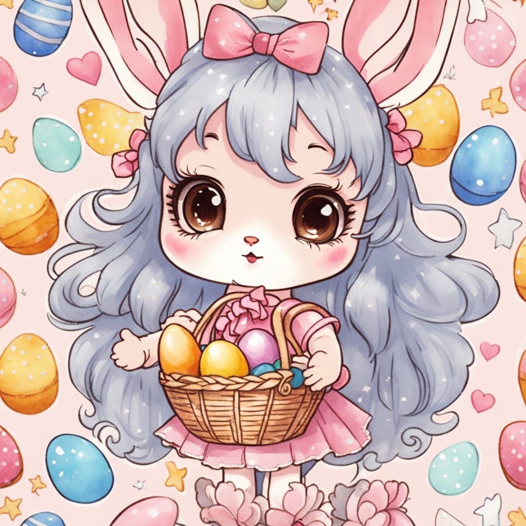 Kawaii Anime Bunnygirl with Easter Eggs in Watercolor Style