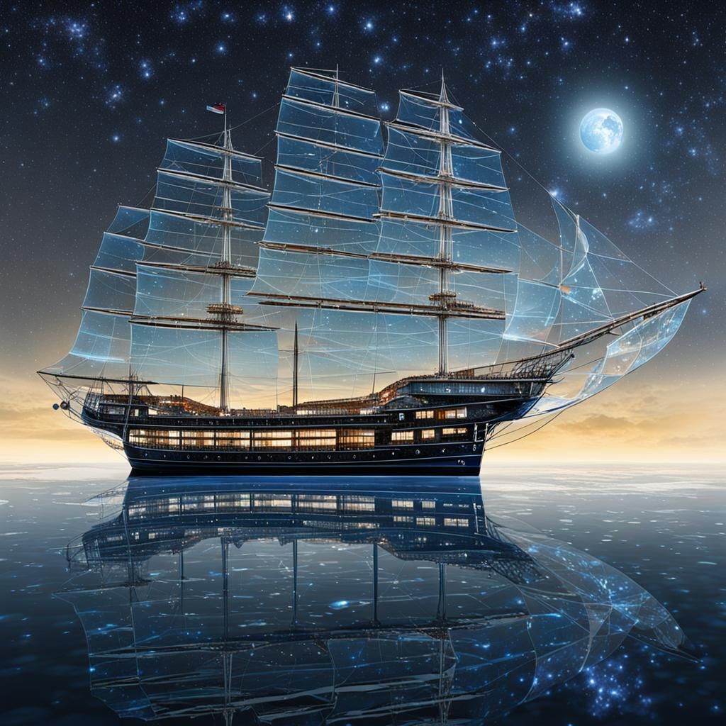 Glass Spaceship Journey Across Starry Night Sky