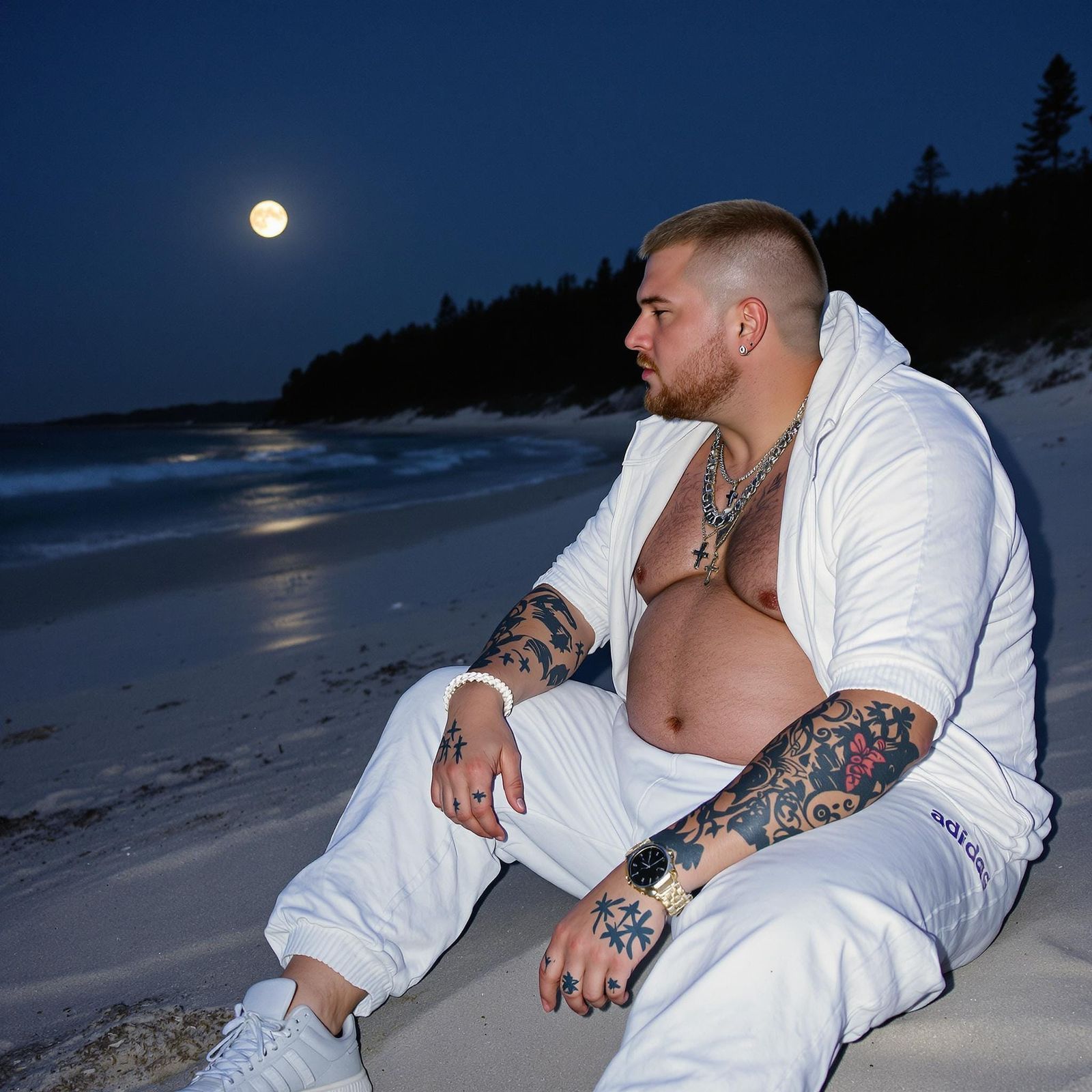 Surreal Gopnik Adorned in Silver Amidst Nighttime Beach Sere...