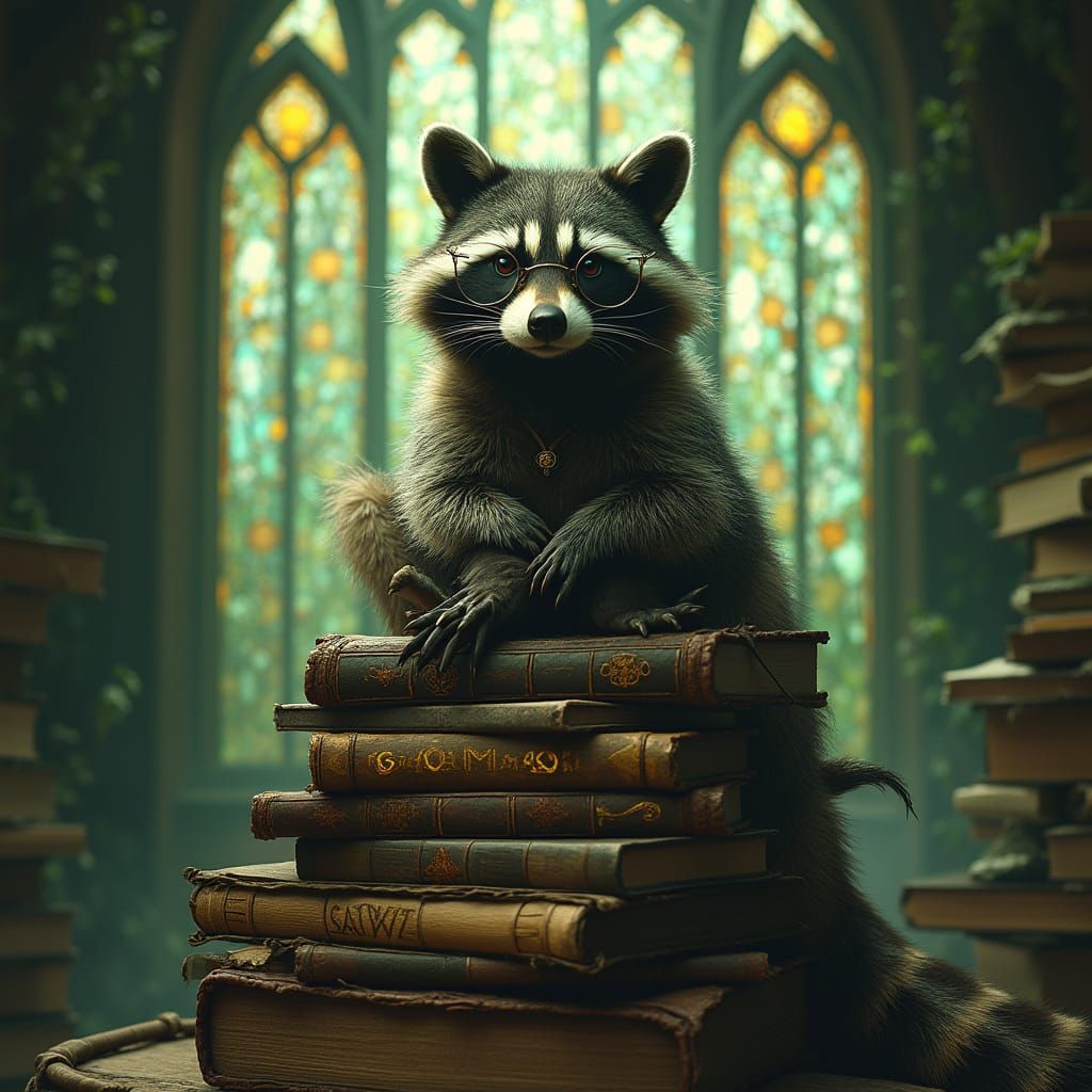 Wise Raccoon Sage in Ancient Forest Library