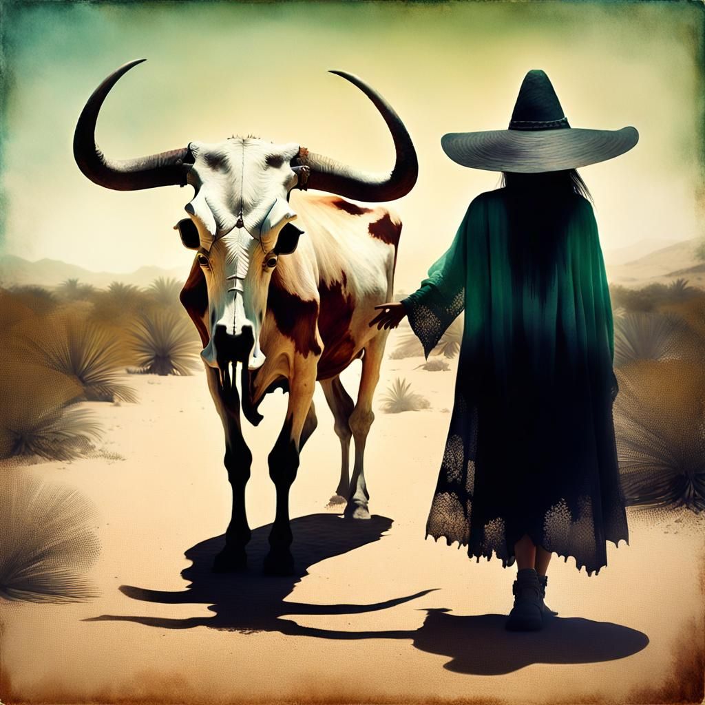 Vintage Photograph of Woman with Cow Skull