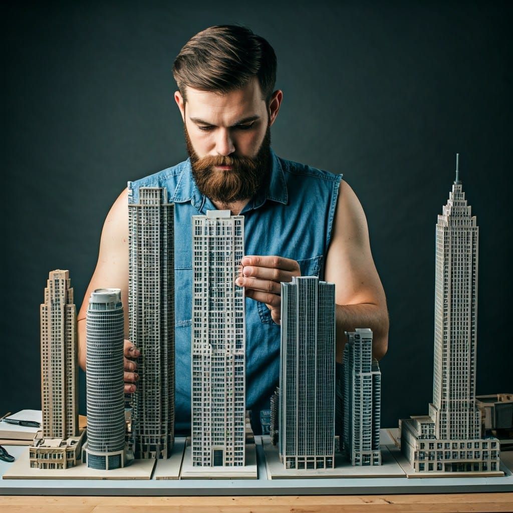 Bearded Man Builds Skyscraper Models in Studio