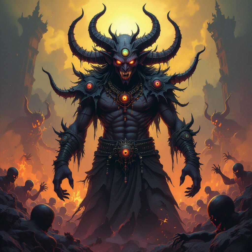 Terrifying Multi-Eyed Demon in Dark Fantasy Hellscape