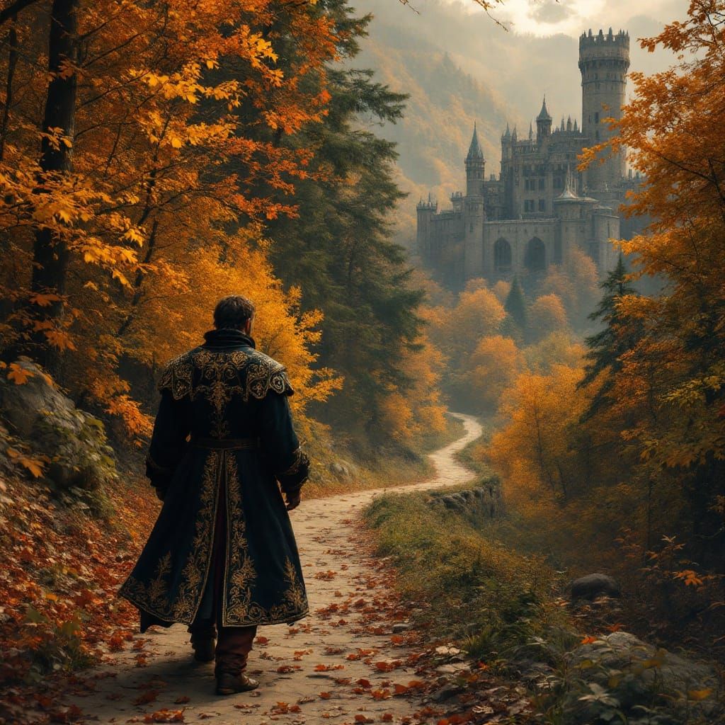 Medieval Knight Embarks on Autumn Quest in Majestic Castle L...