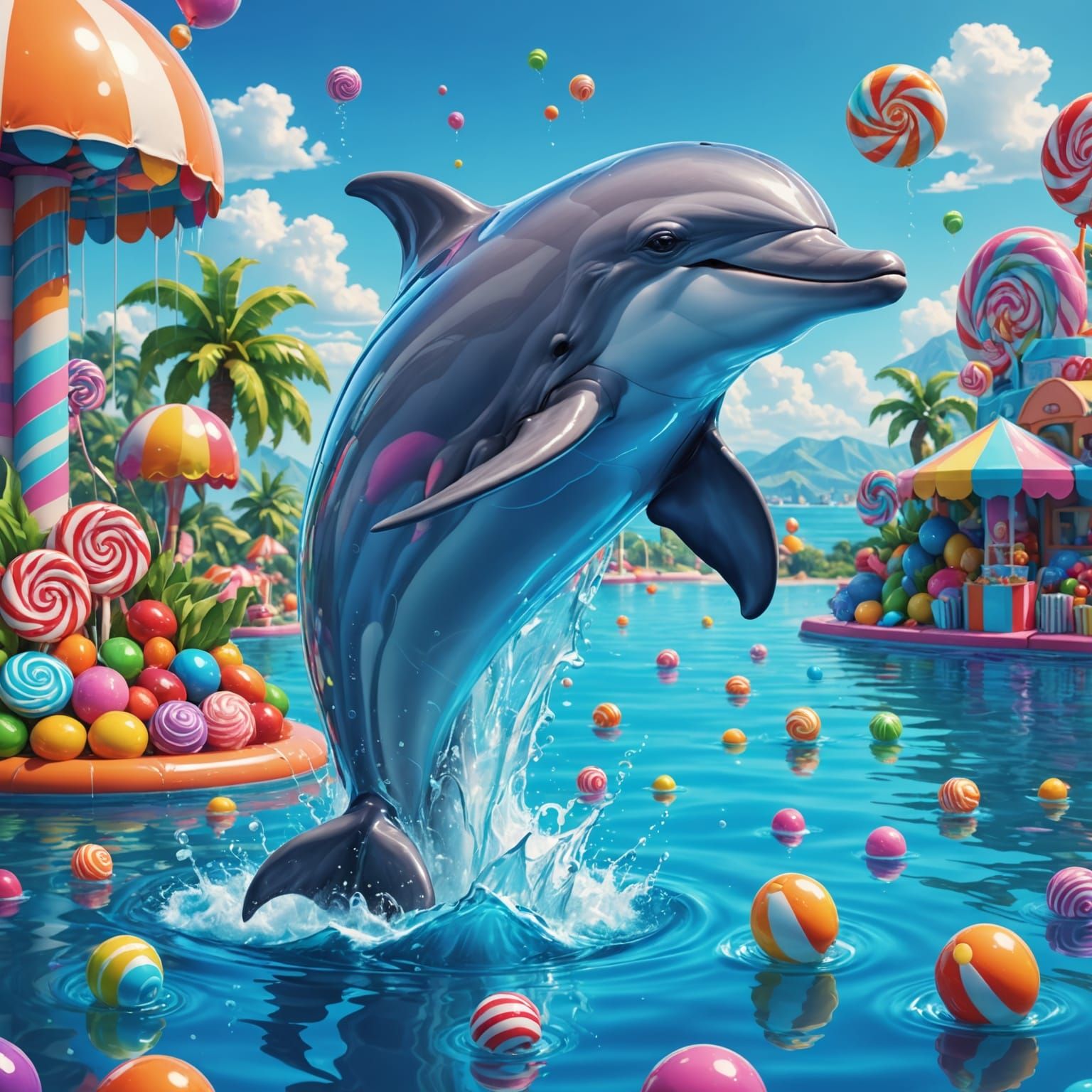 Whimsical Dolphin in Vibrant Candy Landscapes