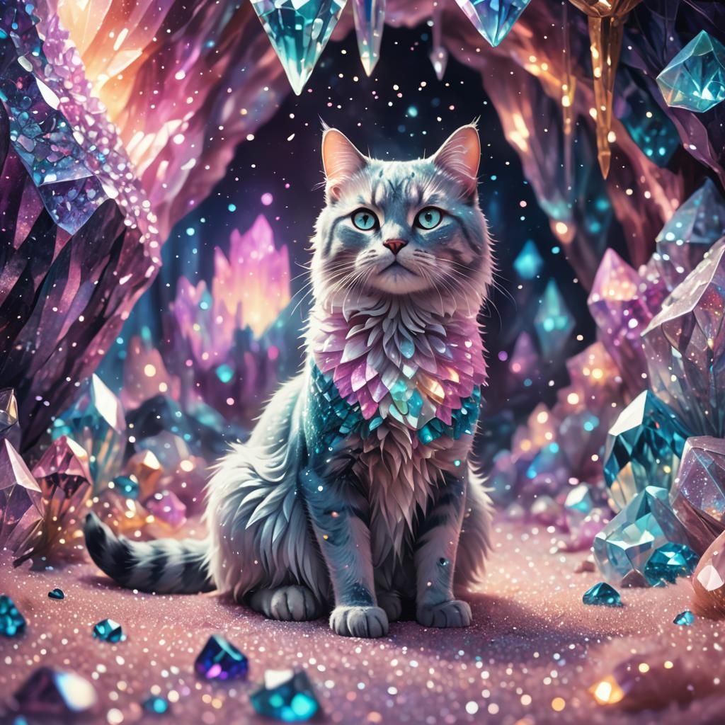 Glitter Cat in Crystal Cave: Fantasy Concept Art