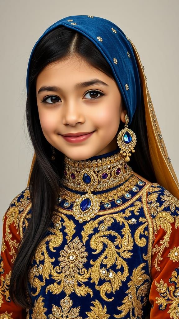 Elegant Young Girl in Golden and Blue Velvet Eid Dress with ...