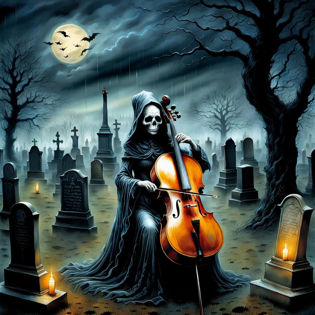 Graveyard Ghost's Cello Concert: Hyperdetailed Digital Art