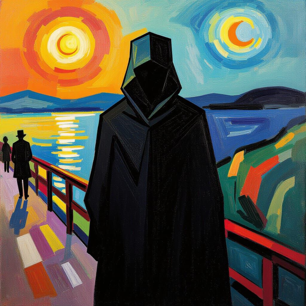 Mysterious Cloaked Entity in Neo-Impressionist Style