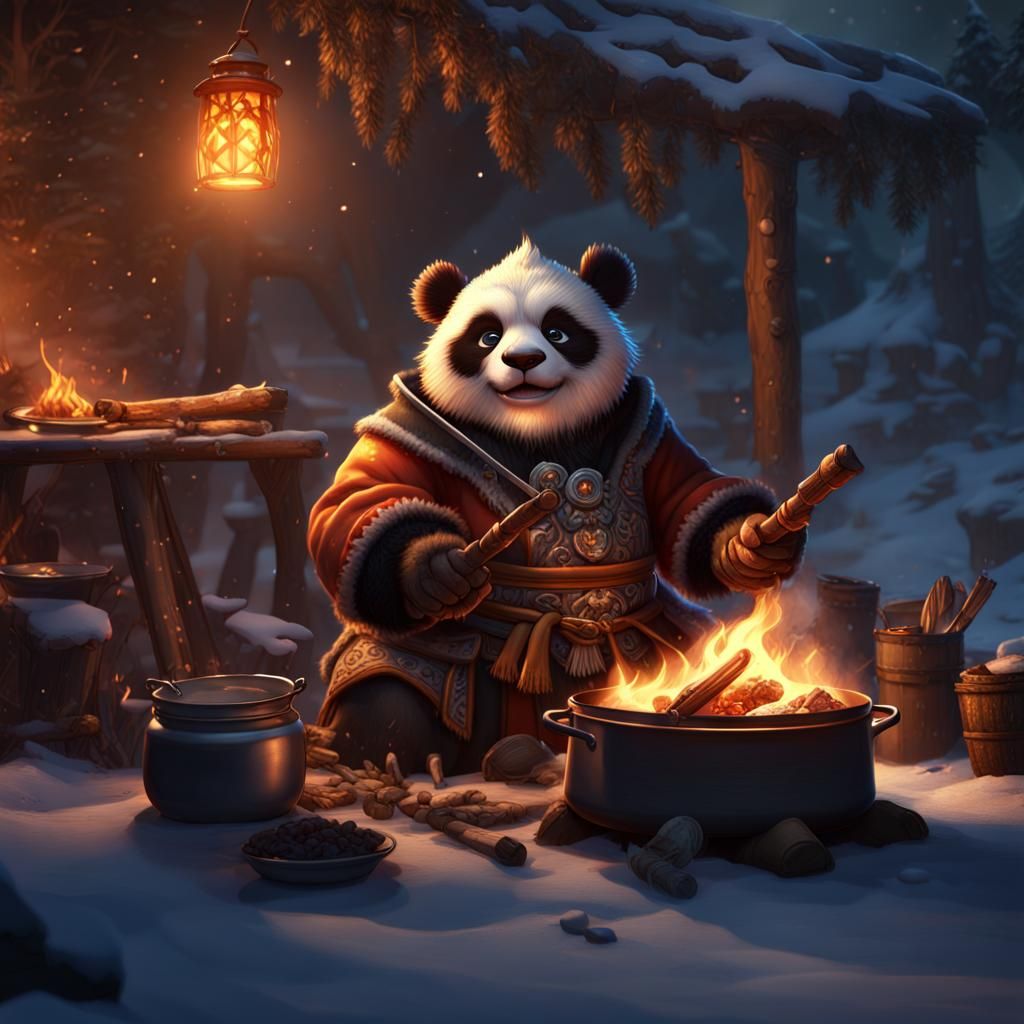 Pandaren Cooks by Campfire on Winter Night