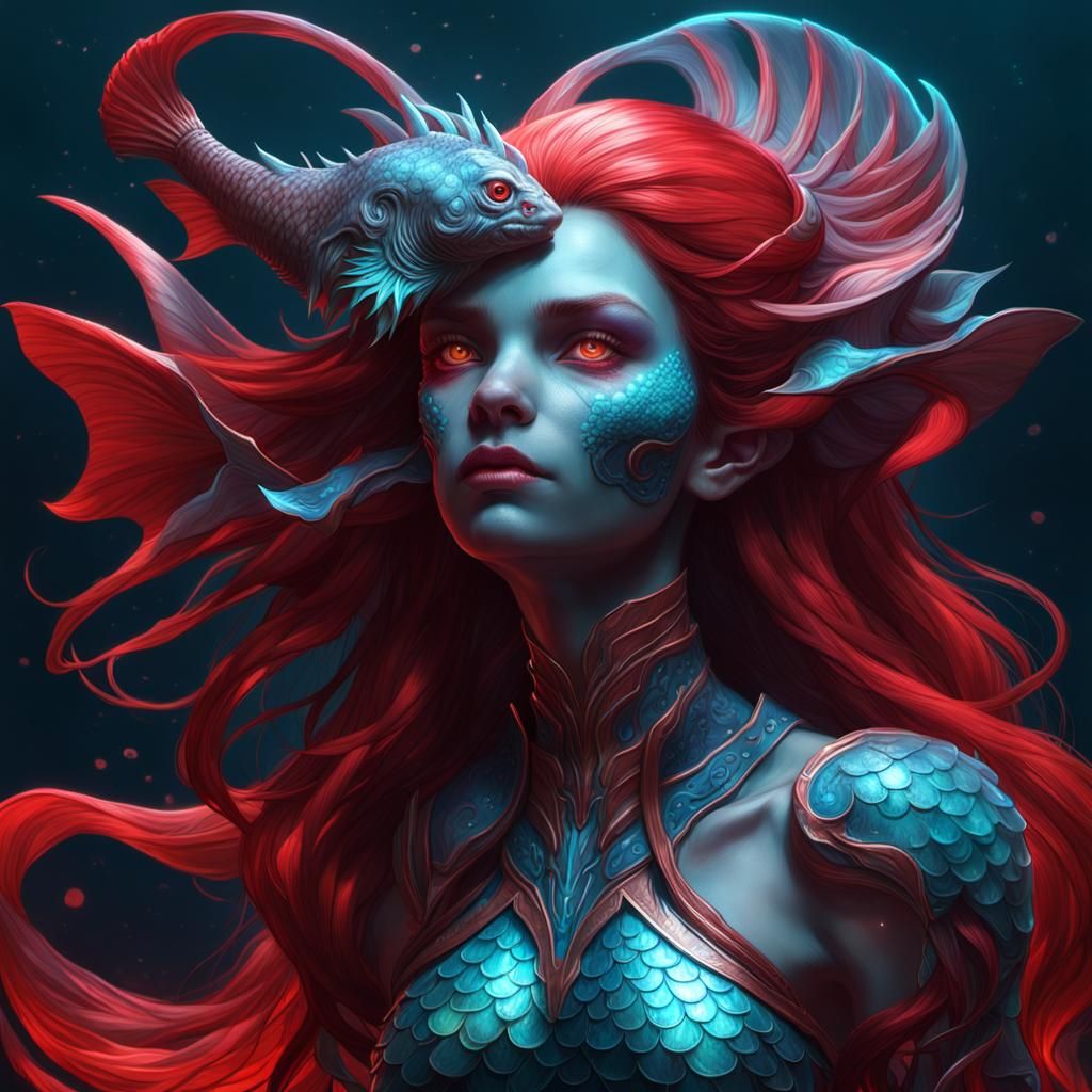 Bioluminescent Demon Mermaid in Hyperdetailed Portrait