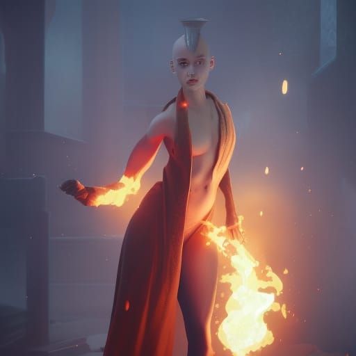 Bald Girl with Flamethrower: Hyperdetailed Digital Art
