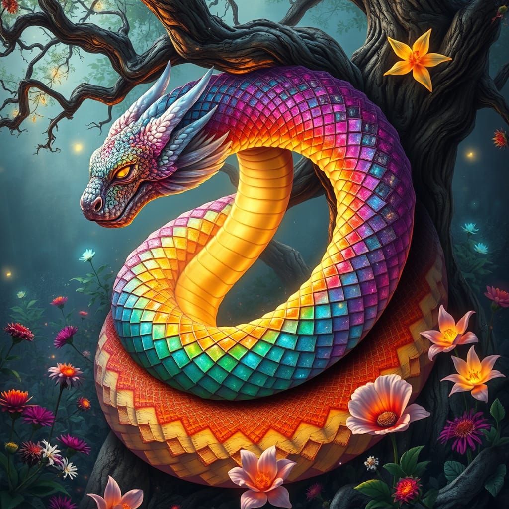 Rainbow Serpent in Bioluminescent Grove, Fantasy Art