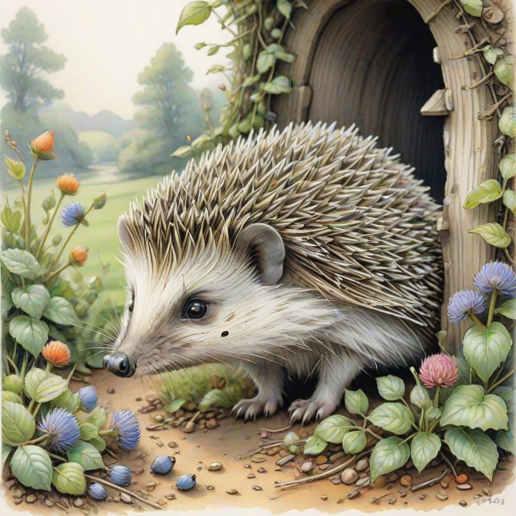 Idyllic Hedgehog Pencil Drawing in Brambley Hedge Style