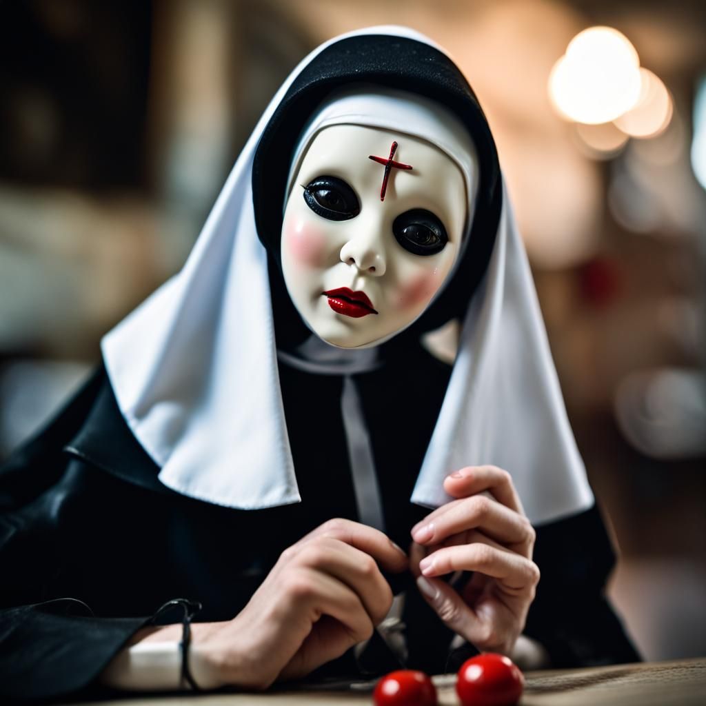Nun with Porcelain Doll Mask, Professional Photography