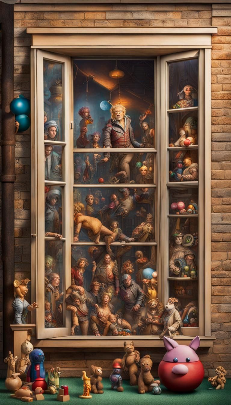 Hyperrealistic Window Display of Exotic Toys and Games