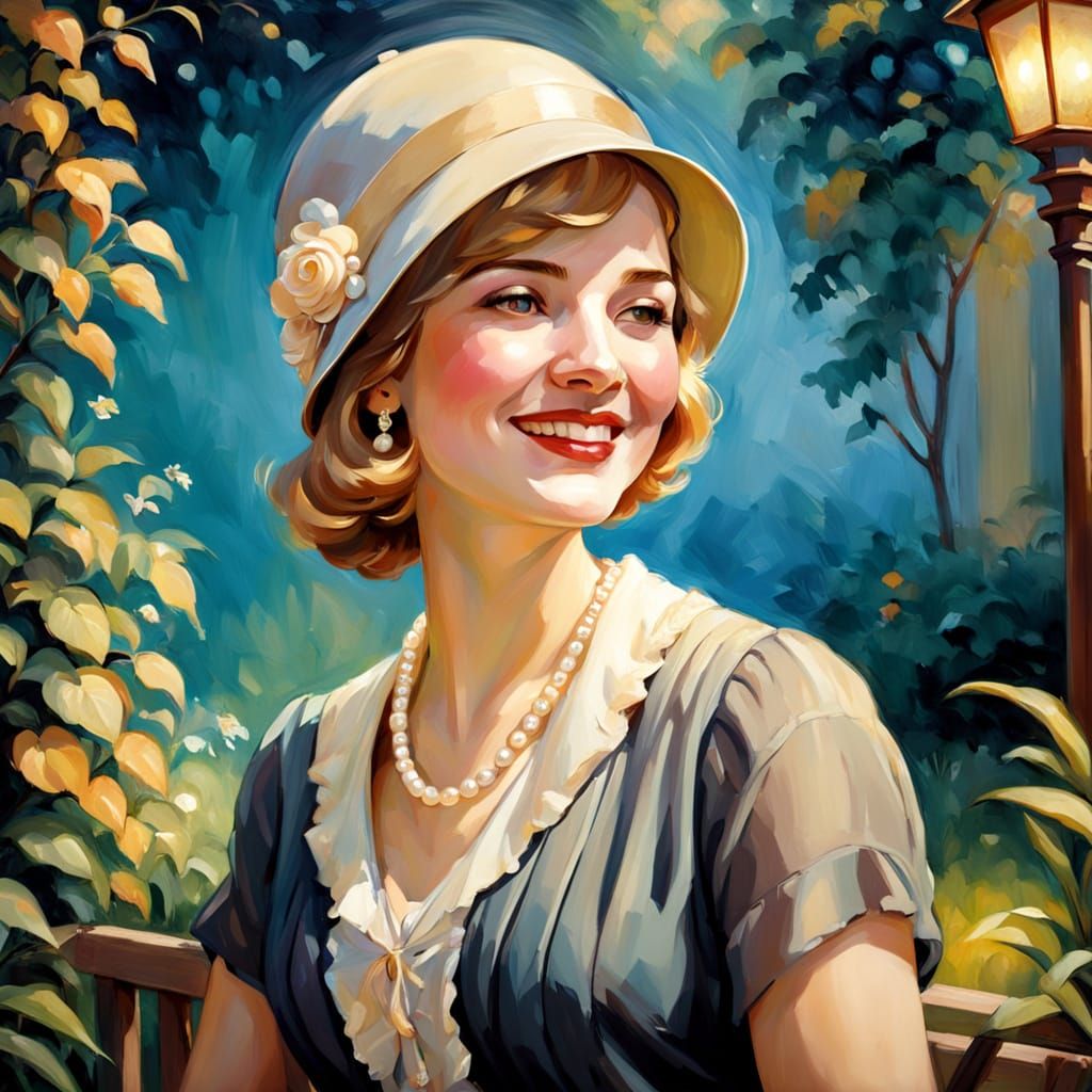 1920s Young Woman Smiling in Impressionist Garden Portrait