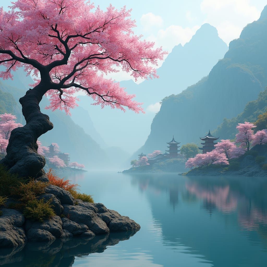 Sakura Tree Reflecting Japanese Temples, Hyper-realistic Fan...