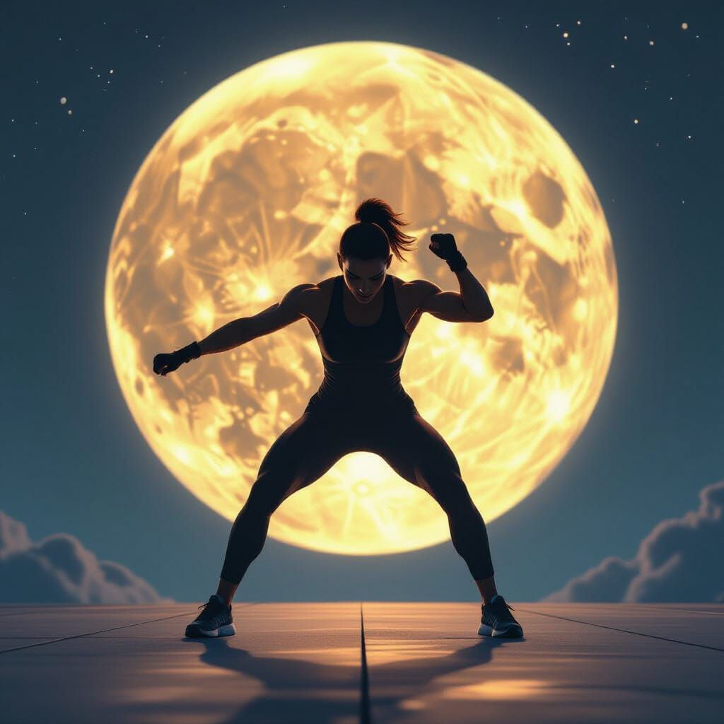 Athlete Training Under Full Moon in Sci-Fi Style