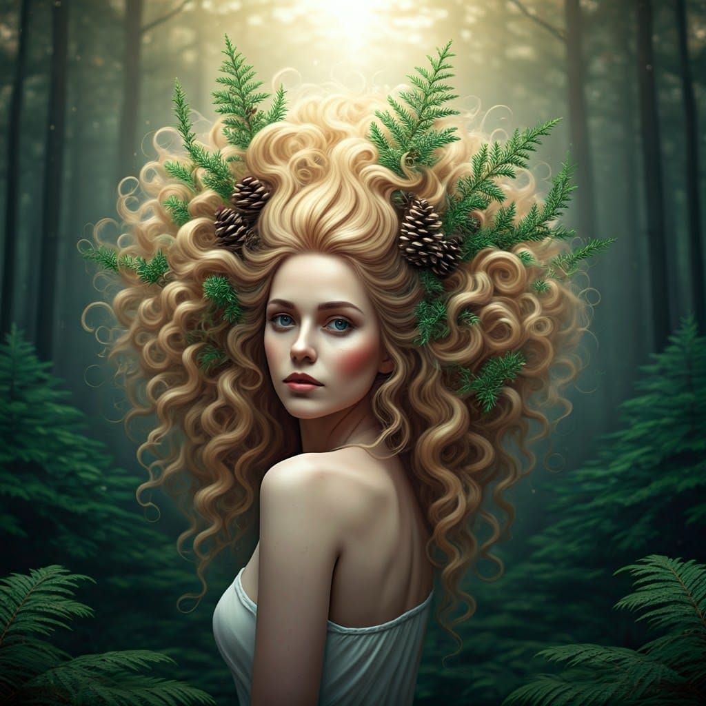 Woman with Cedar Tree Hair in Mystical Forest