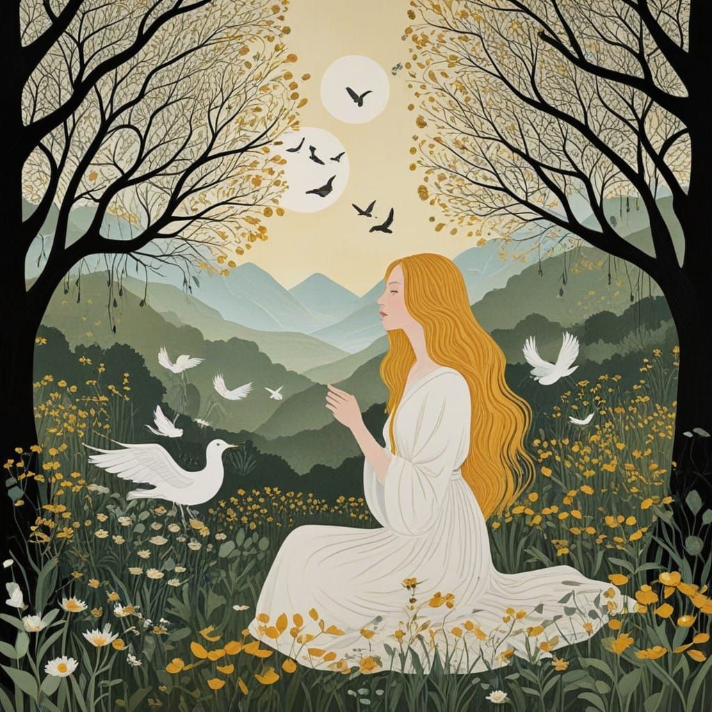 Ethereal Woman Amidst Dandelions and Snow Birds in Bio-Art